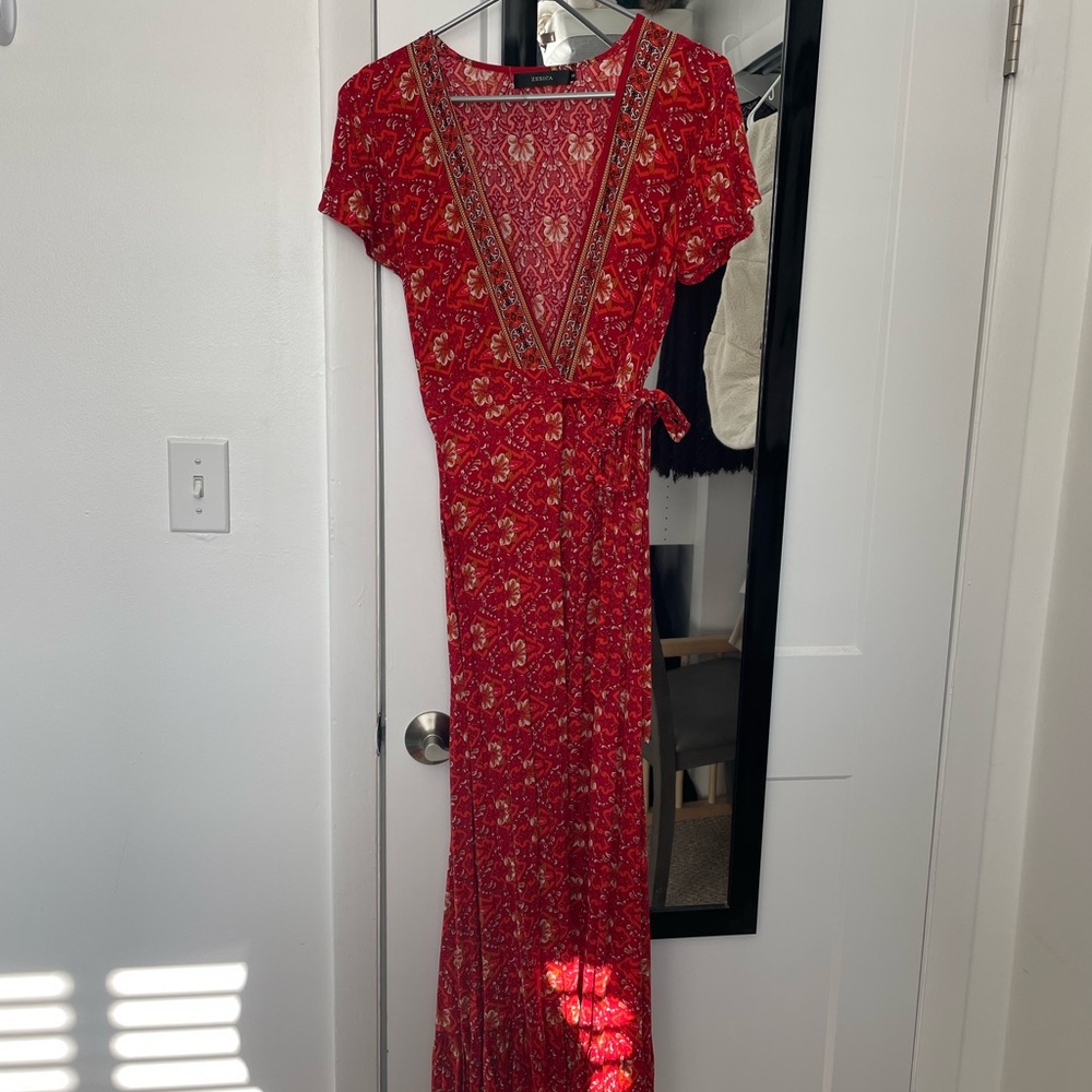 Red Maxi Sundress with Wrap Tie Front and Flutter Sleeves